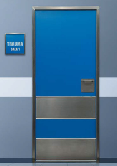 Porte de service bleue en aluminium pour l’industrie et le commerce.